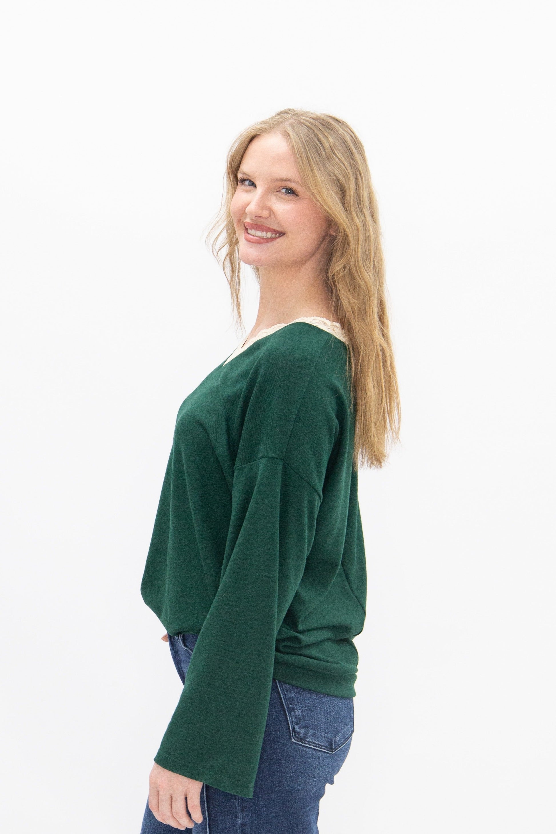 V-neck Top with Lace Trim, Forest Green in Forest Green view 7 - Lace Trim Tops For Women