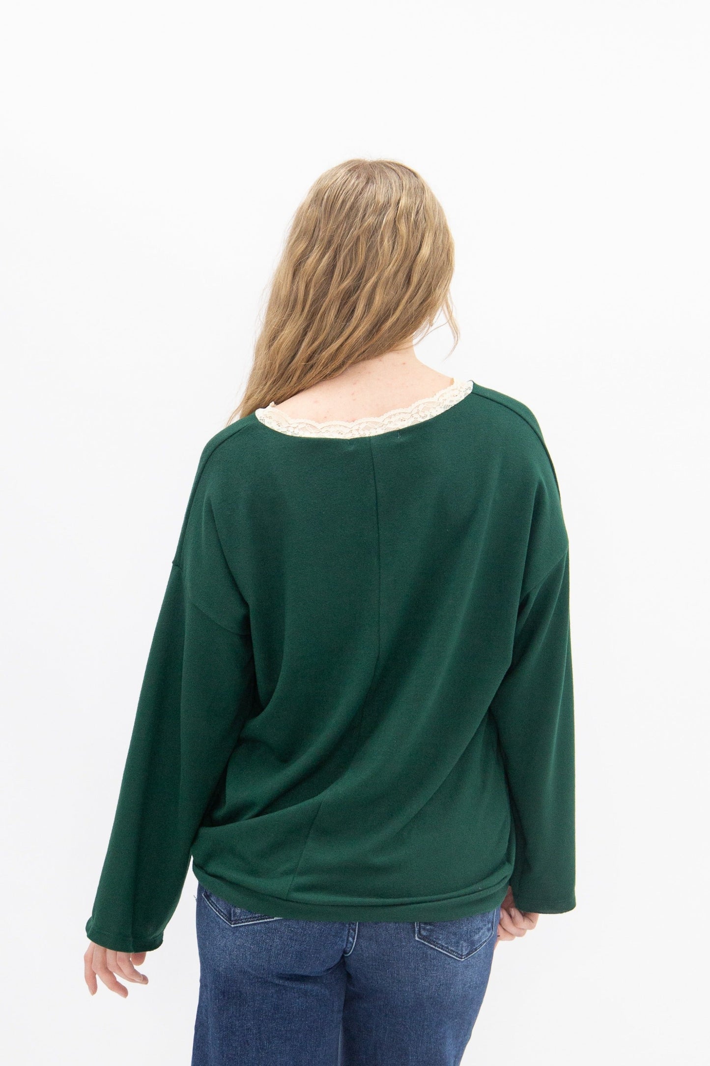 V-neck Top with Lace Trim, Forest Green view 8 - Lace Trim Tops For Women