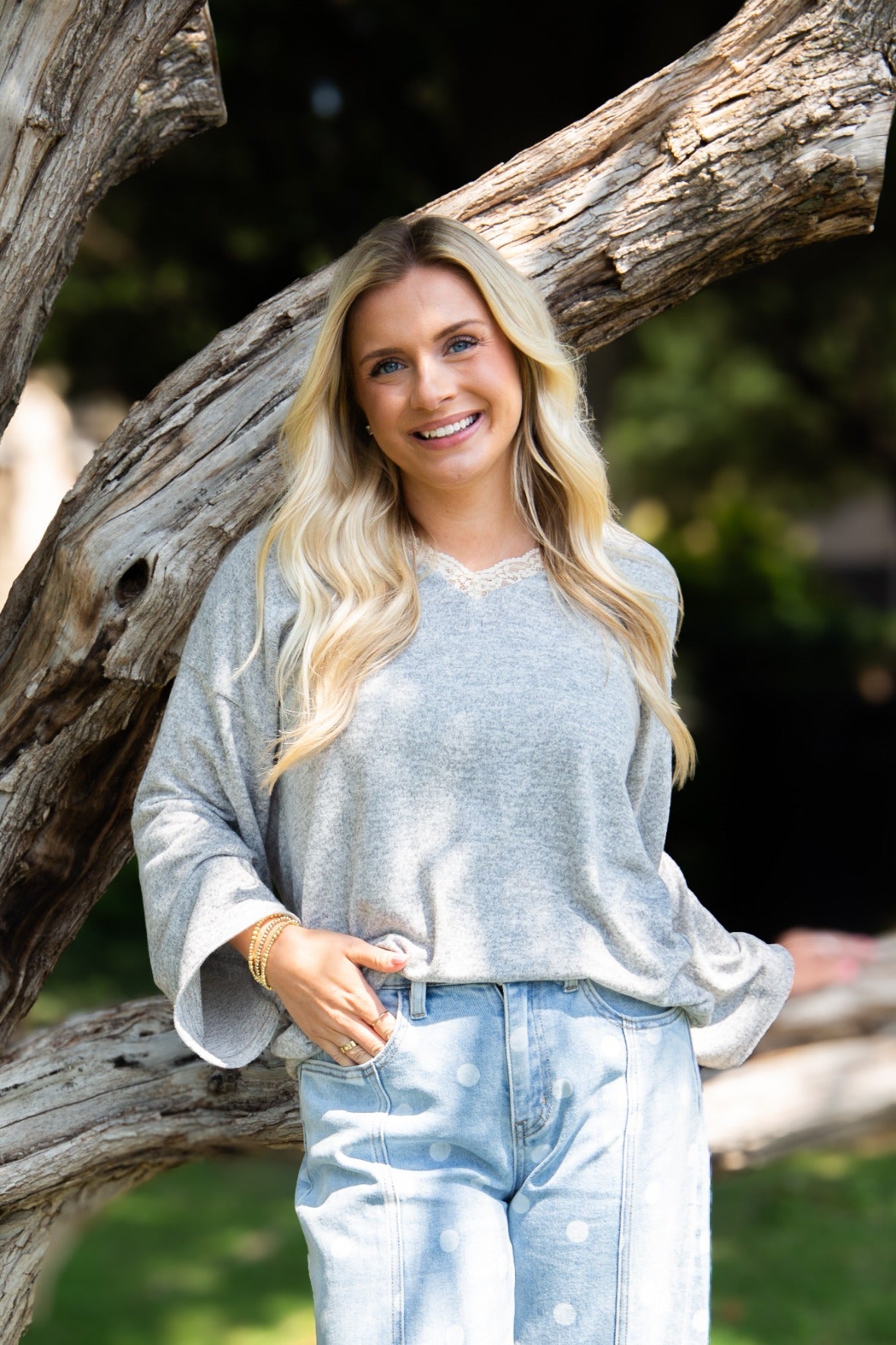 V-neck Top with Lace Trim, Grey in Grey - Lace Trim Tops For Women