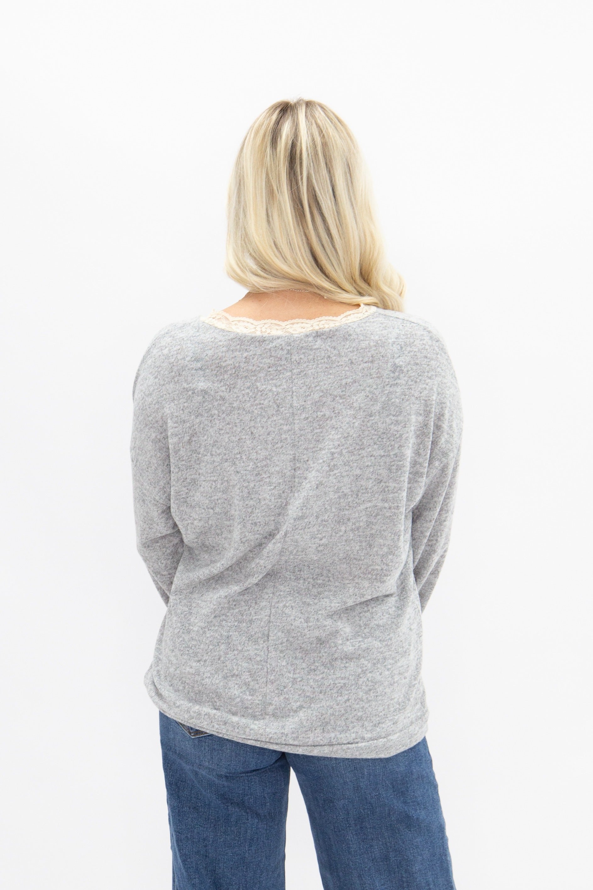 V-neck Top with Lace Trim, Grey in Grey view 5 - Lace Trim Tops For Women