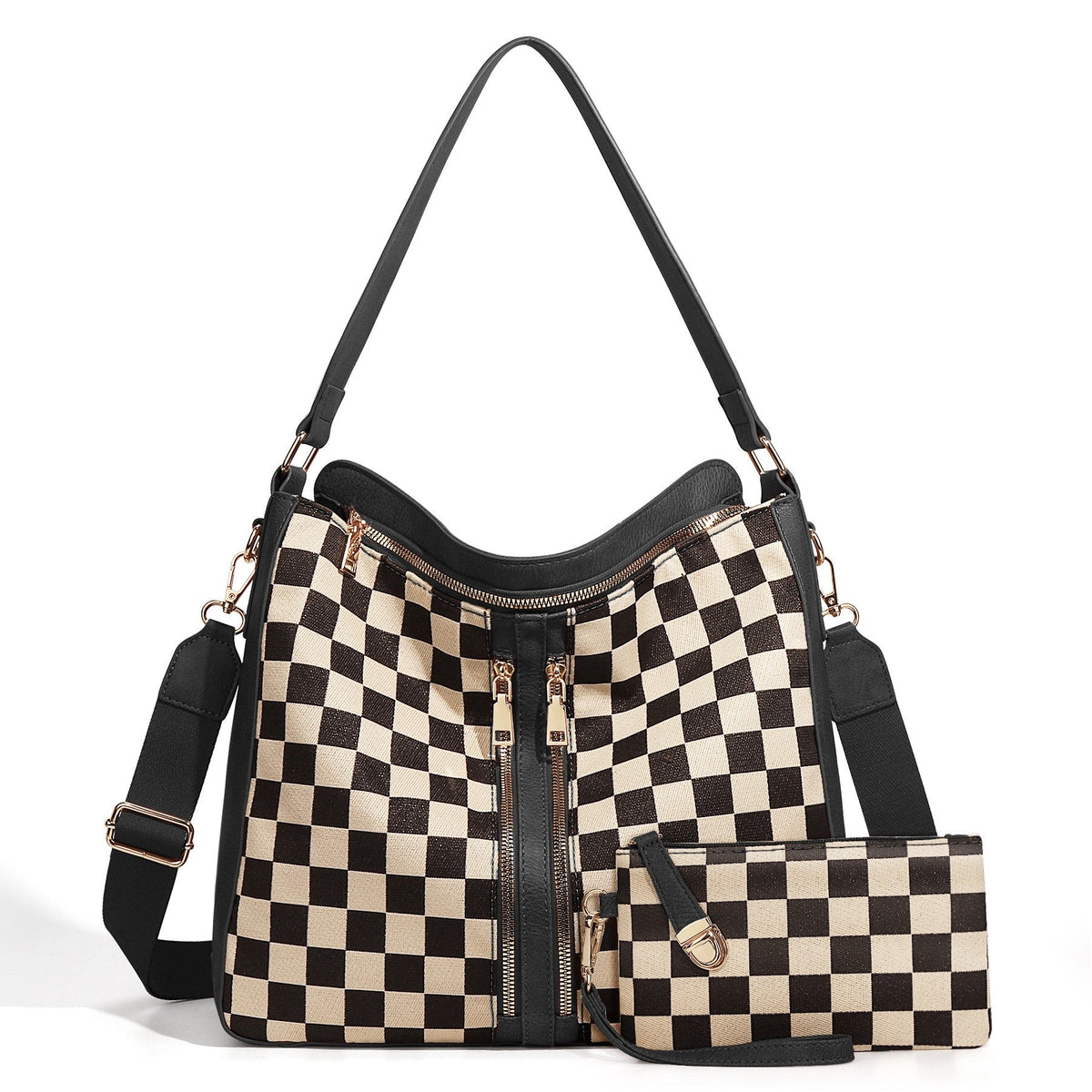 Vanessa Mixed-media Checkered Convertible Bucket Hobo Shoulder Crossbody 2-piece Bag view 10 - Bag Crossbody