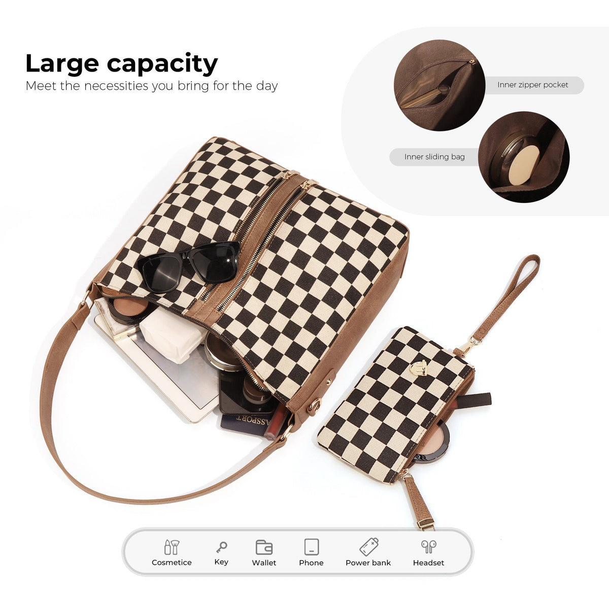 Vanessa Mixed-media Checkered Convertible Bucket Hobo Shoulder Crossbody 2-piece Bag view 13 - Bag Crossbody