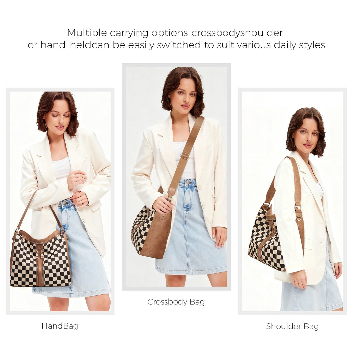 Vanessa Mixed-media Checkered Convertible Bucket Hobo Shoulder Crossbody 2-piece Bag view 14 - Bag Crossbody
