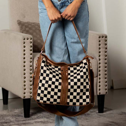 Vanessa Mixed-media Checkered Convertible Bucket Hobo Shoulder Crossbody 2-piece Bag view 4 - Bag Crossbody