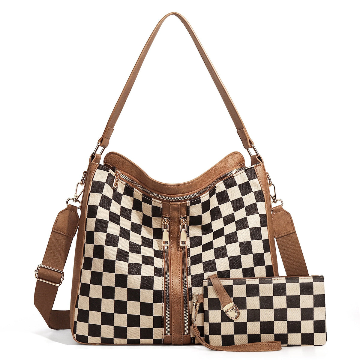 Vanessa Mixed-media Checkered Convertible Bucket Hobo Shoulder Crossbody 2-piece Bag view 7 - Bag Crossbody