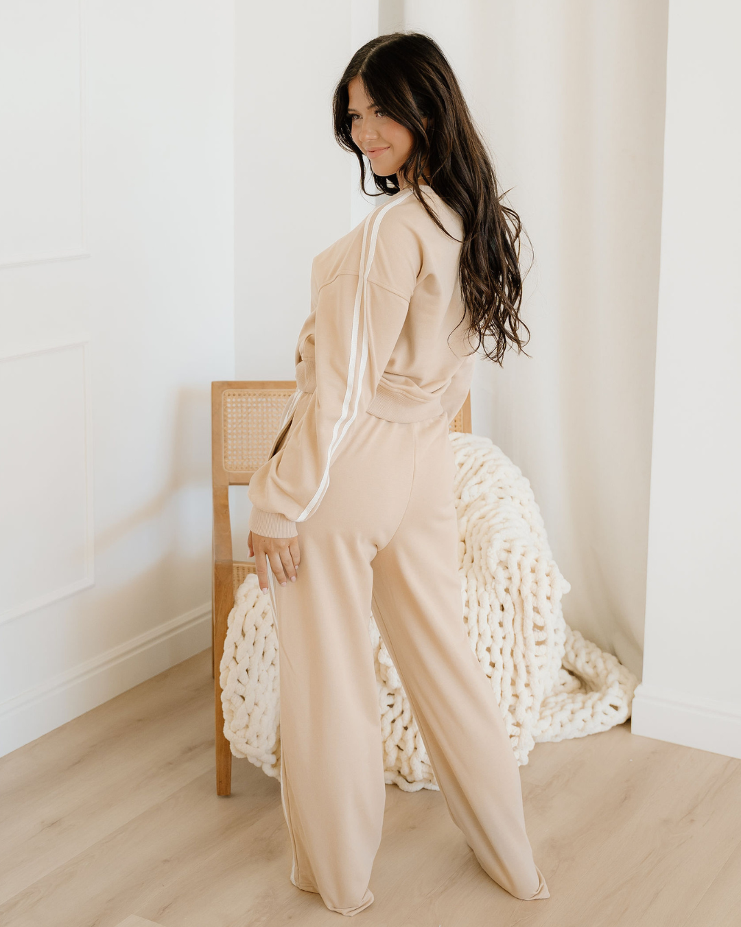 varsity pullover wide Varsity Pullover Wide Leg Pants 2pcs Outfit - Oatmeal view 10 (bottom) - shop at us.meeeshop