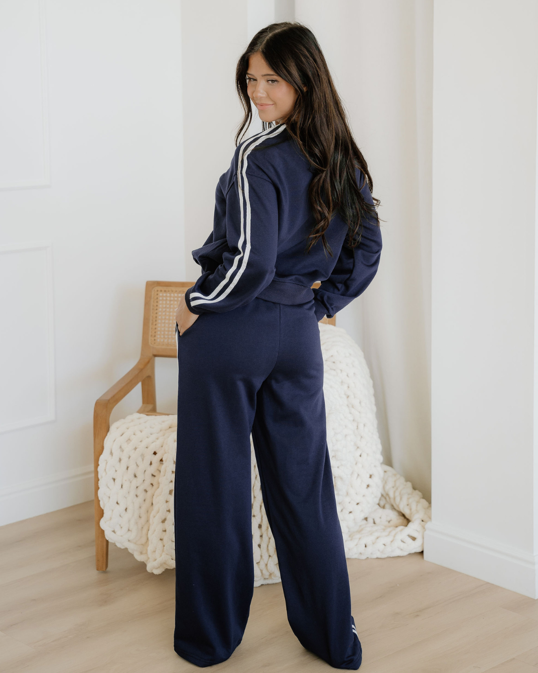 varsity pullover wide Varsity Pullover Wide Leg Pants 2pcs Outfit - Blue view 2 (bottom) - shop at us.meeeshop