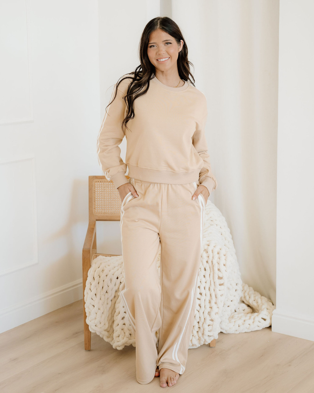varsity pullover wide Varsity Pullover Wide Leg Pants 2pcs Outfit - Oatmeal view 4 (bottom) - shop at us.meeeshop