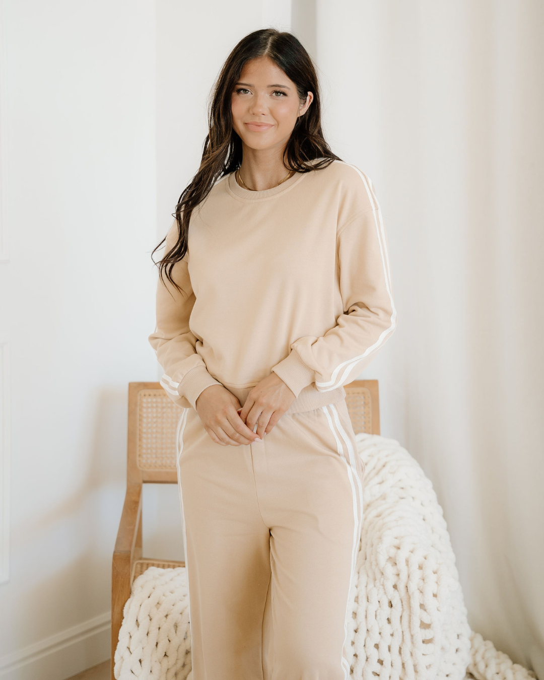 varsity pullover wide Varsity Pullover Wide Leg Pants 2pcs Outfit - Oatmeal view 5 (bottom) - shop at us.meeeshop