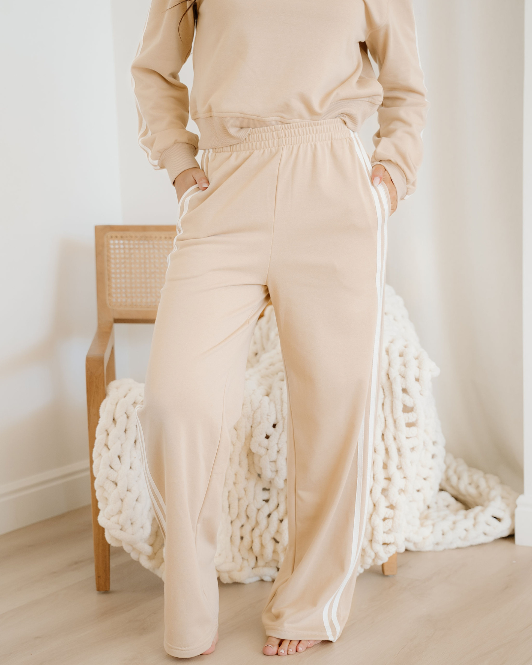 varsity pullover wide Varsity Pullover Wide Leg Pants 2pcs Outfit - Oatmeal view 7 (bottom) - shop at us.meeeshop