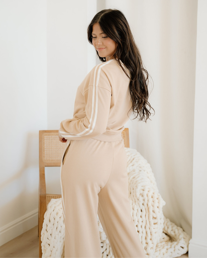varsity pullover wide Varsity Pullover Wide Leg Pants 2pcs Outfit - Oatmeal view 8 (bottom) - shop at us.meeeshop