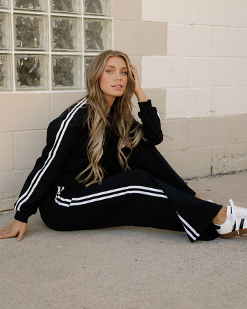 Varsity Striped Detail Crewneck Pullover Elastic Sweatpants 2pcs Outfit in Fiery Red - Comfort Stretch (top)