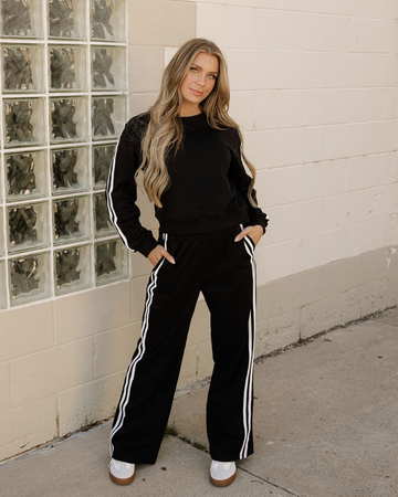 Varsity Striped Detail Crewneck Pullover Elastic Sweatpants 2pcs Outfit in Fiery Red view 2 - Comfort Stretch (top)