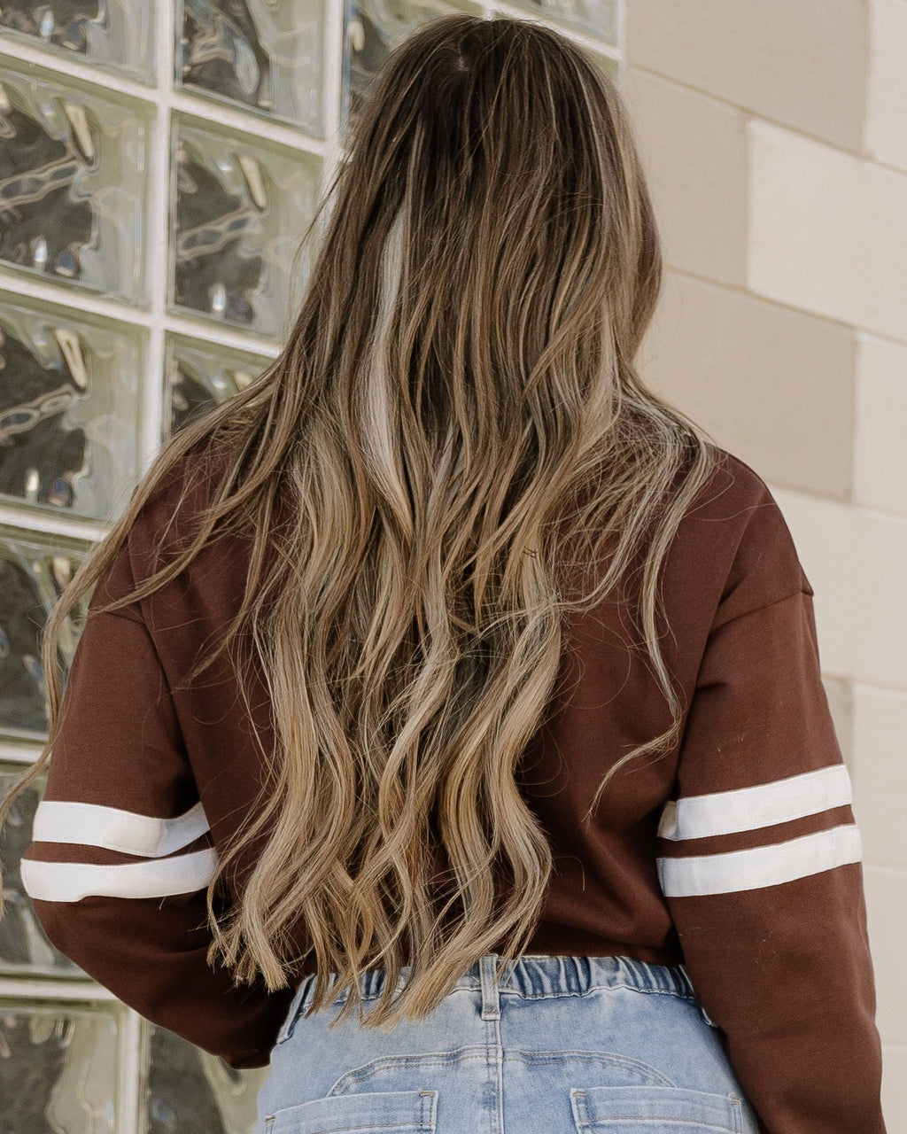 Varsity Striped Sleeve Loose Sweatshirt - Coffee view 7 (top) - sweatshirt coffee, loose sweatshirt cof - shop at us.meeeshop
