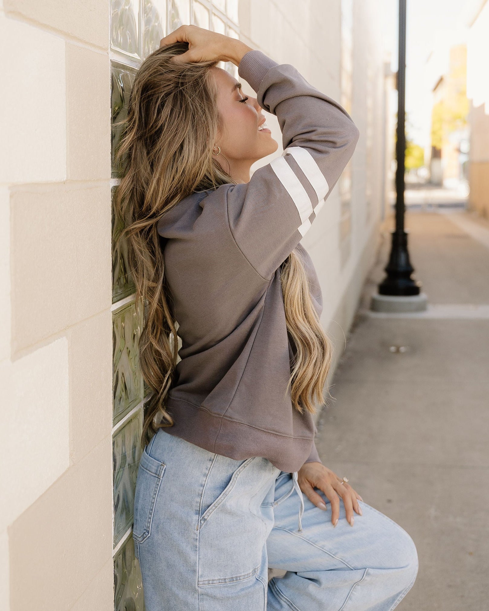 Varsity Striped Sleeve Loose Sweatshirt - Dark Gray Dark Grey view 3 (top) - dark gray, sweatshirt dark - shop at us.meeeshop