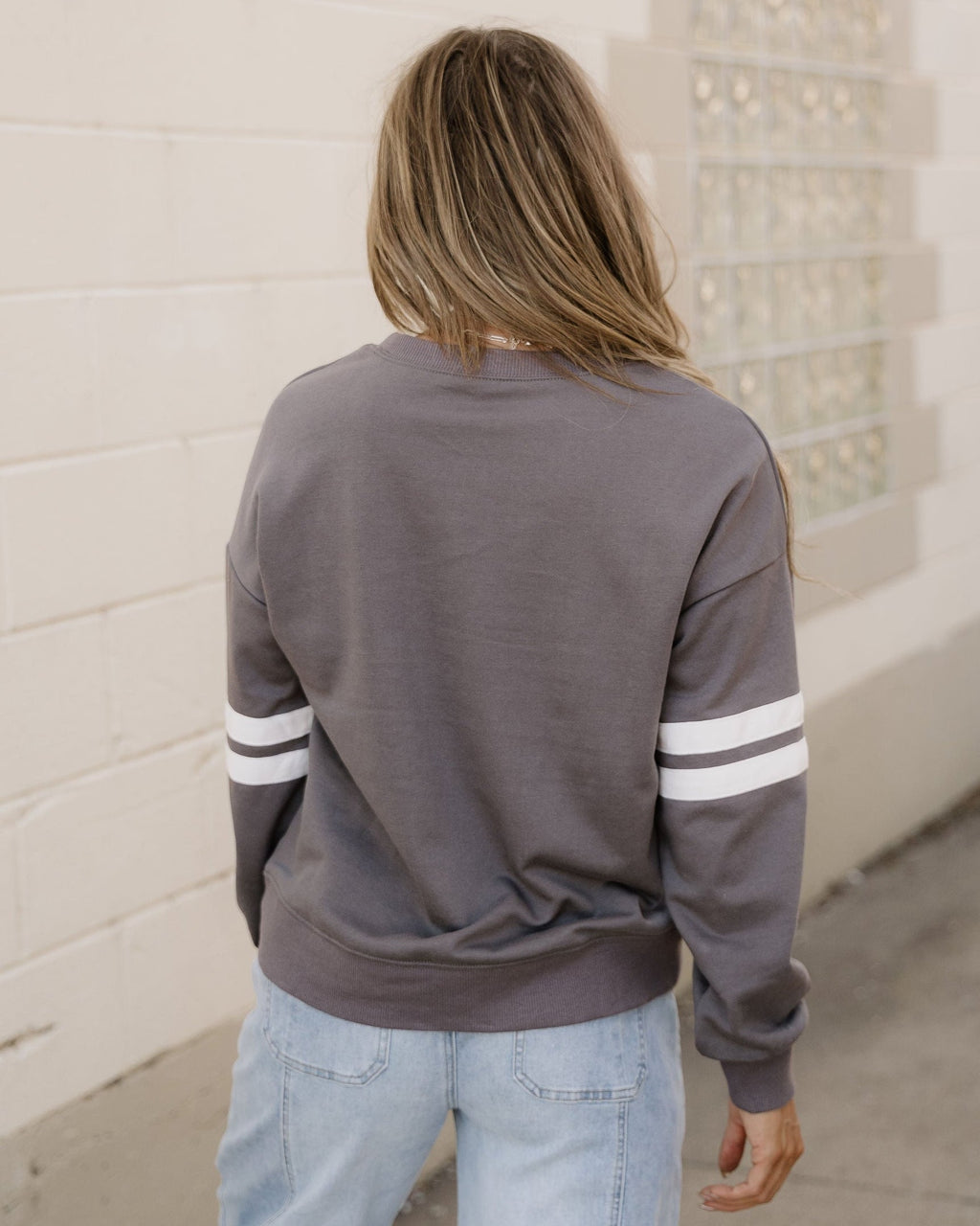 Varsity Striped Sleeve Loose Sweatshirt - Dark Gray Dark Grey view 4 (top) - dark gray, sweatshirt dark - shop at us.meeeshop