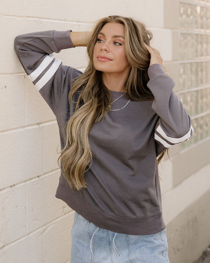 varsity striped sleeve Varsity Striped Sleeve Loose Sweatshirt - Dark Gray Dark Grey (top) - shop at us.meeeshop