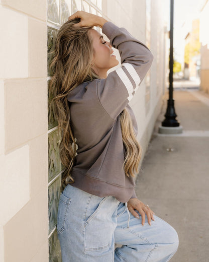 varsity striped sleeve Varsity Striped Sleeve Loose Sweatshirt - Dark Gray view 3 (top) - shop at us.meeeshop