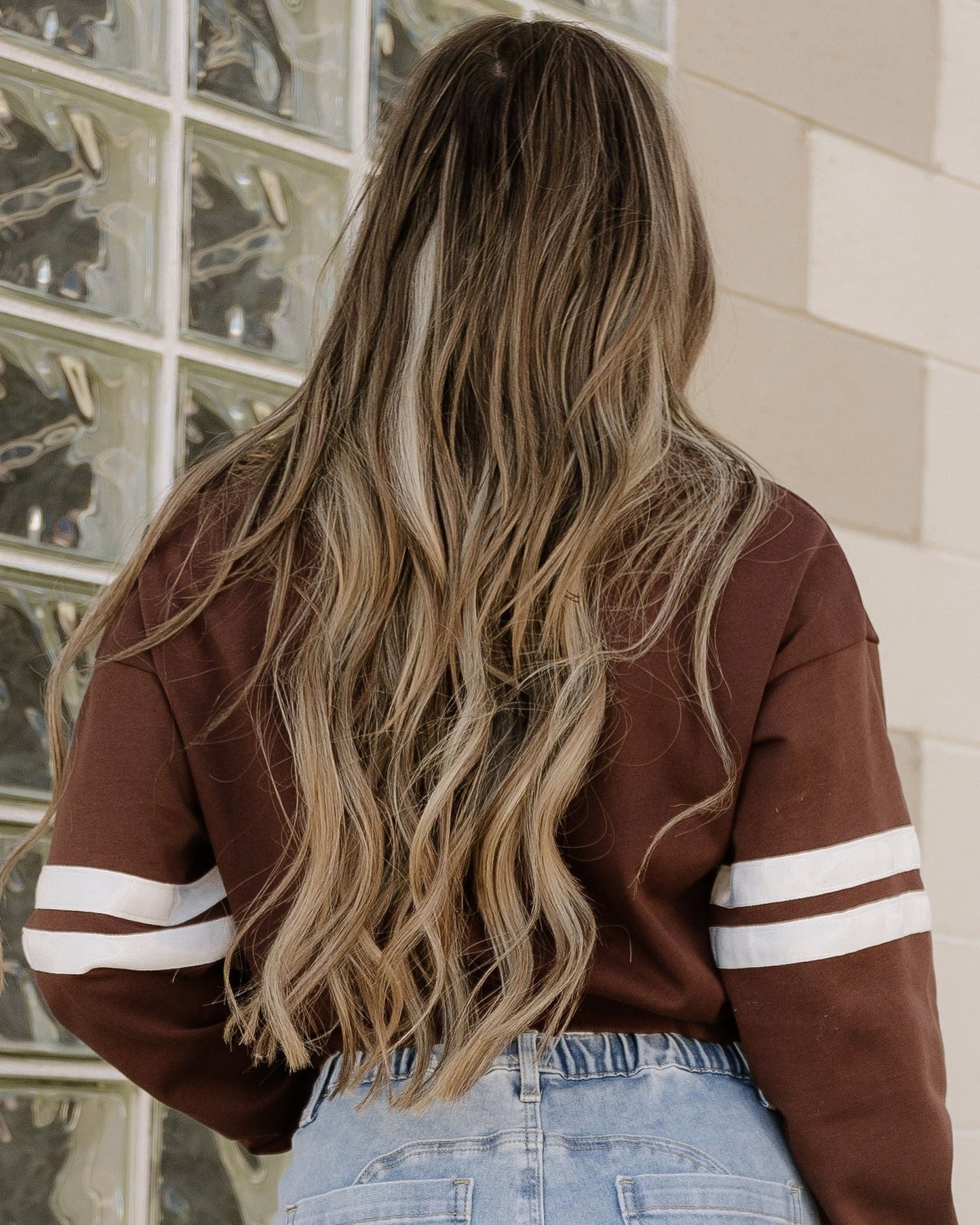 varsity striped sleeve Varsity Striped Sleeve Loose Sweatshirt - Coffee view 7 (top) - shop at us.meeeshop