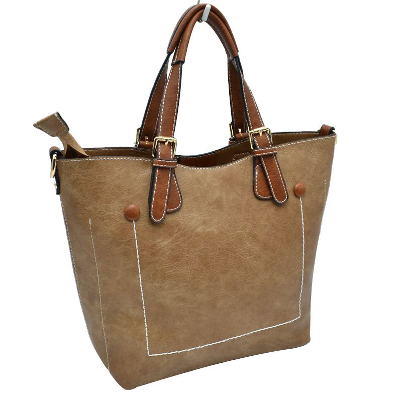Vegan Leather Tote Shoulder Handbags for Women in Tan view 12 - Vegan Leather Tote Bag