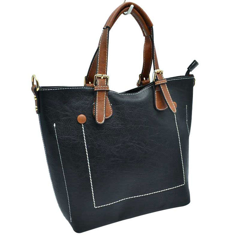 Vegan Leather Tote Shoulder Handbags for Women in Black view 2 - Vegan Leather Tote Bag