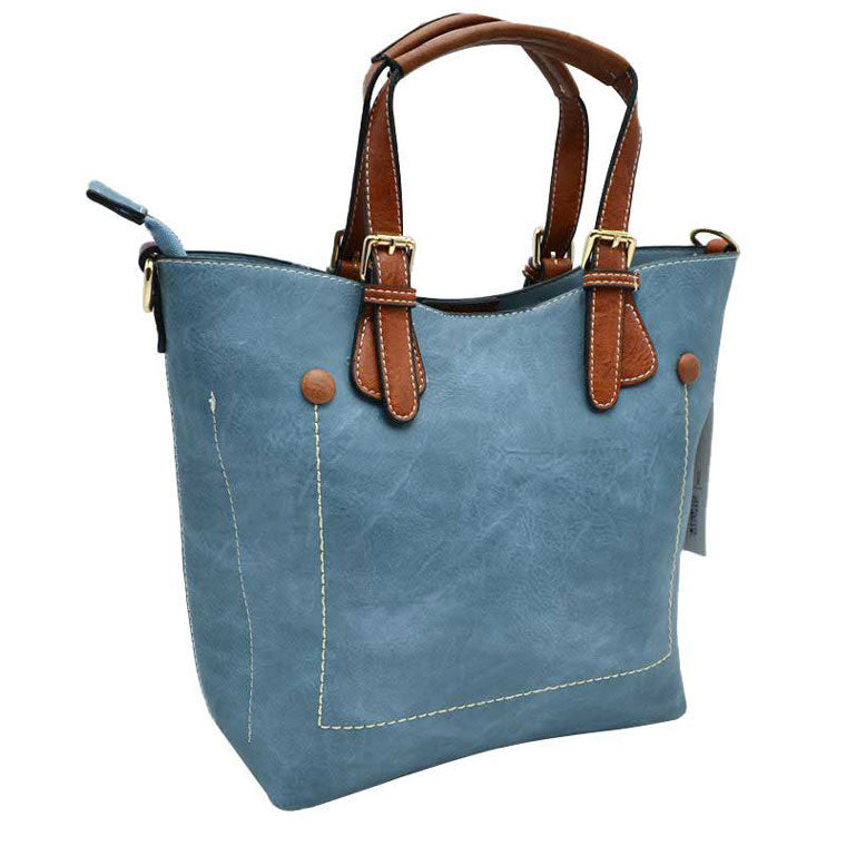 Vegan Leather Tote Shoulder Handbags for Women in Blue view 3 - Vegan Leather Tote Bag