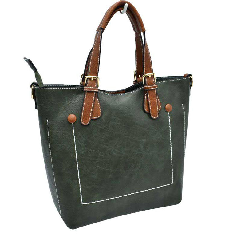 Vegan Leather Tote Shoulder Handbags for Women in Dark Green view 7 - Vegan Leather Tote Bag