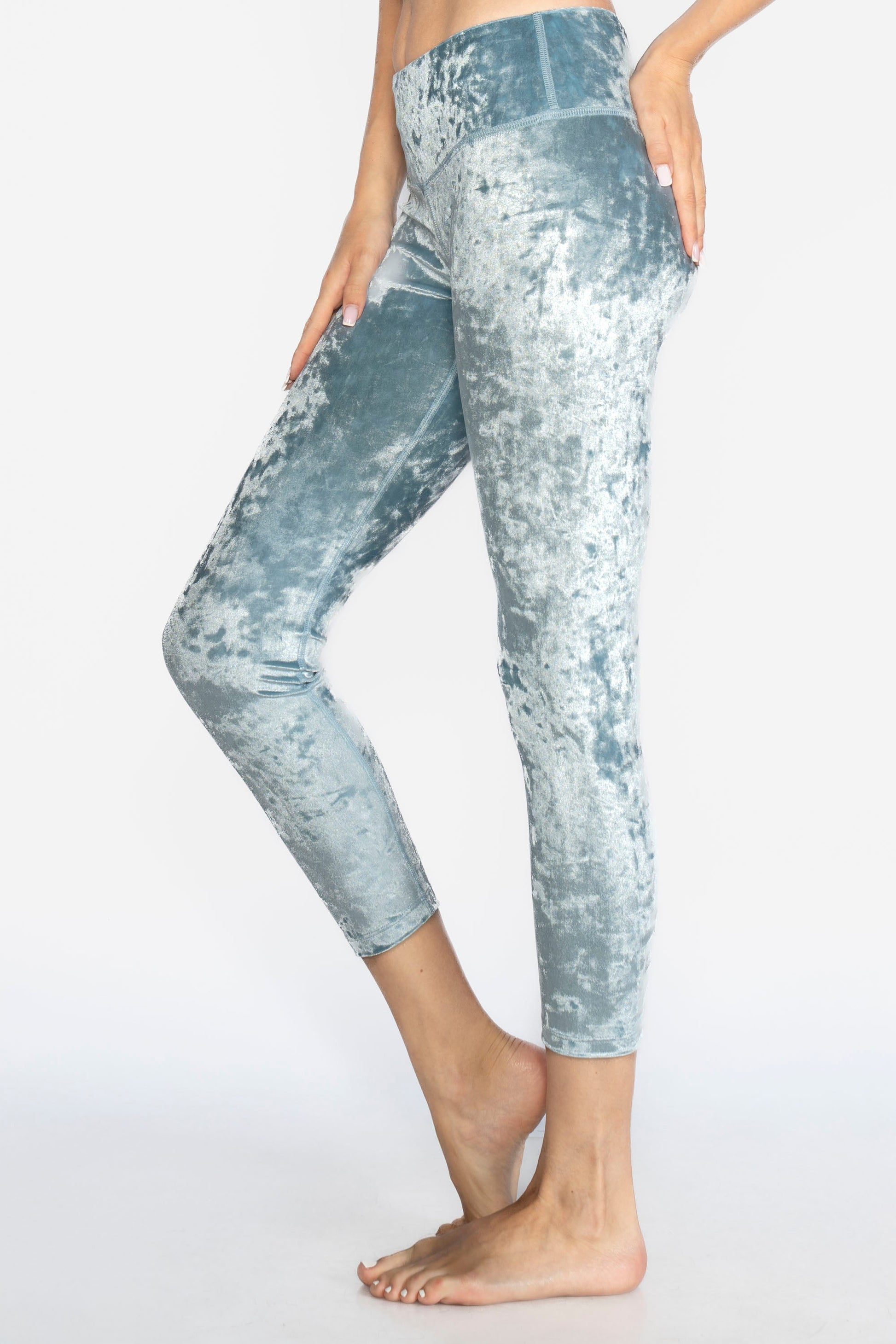 Velvet Cropped Leggings Made in USA in BLUE view 3 (bottom)