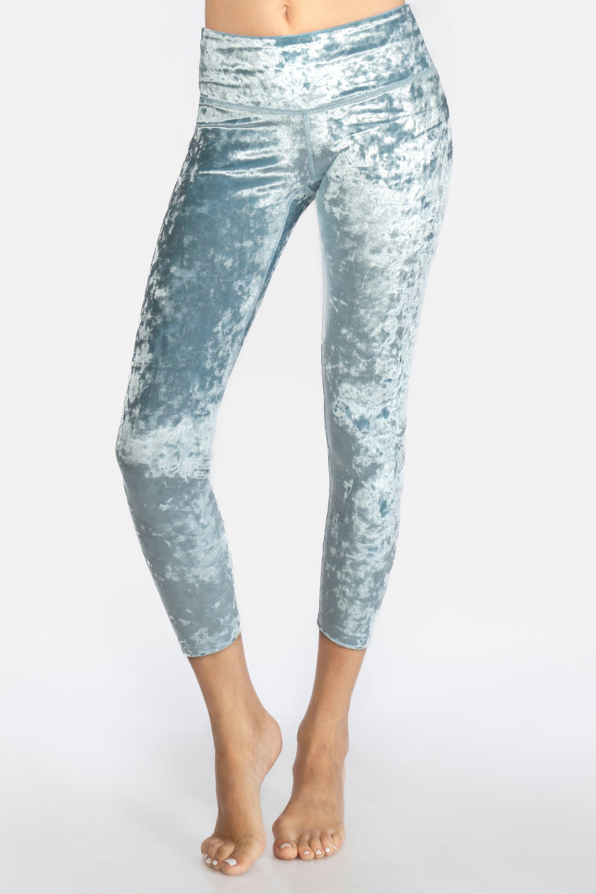 Velvet Cropped Leggings Made in USA in BLUE view 4 (bottom)