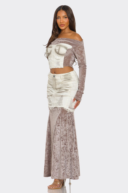 Velvet-denim Fusion Set - MeeeShop Women's Fashion