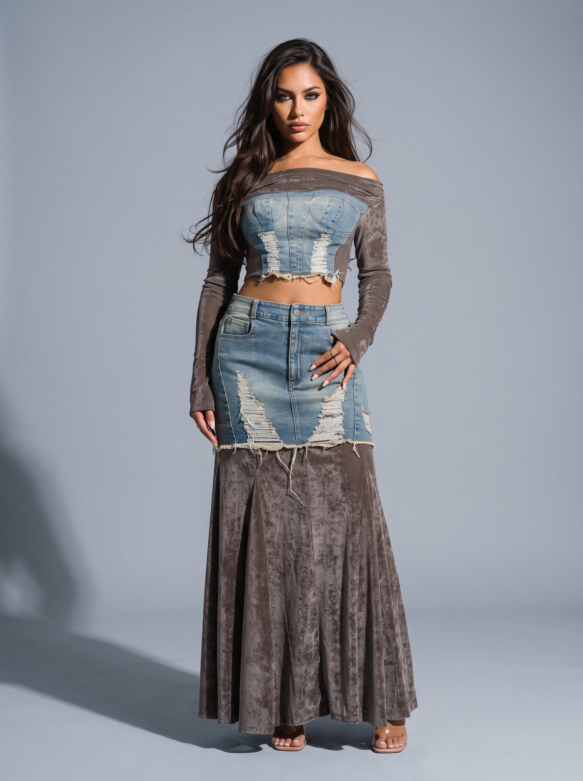 Velvet-denim Fusion Set view 10 - Mint Velvet Blue Denim 100 Cotton Midi Dress