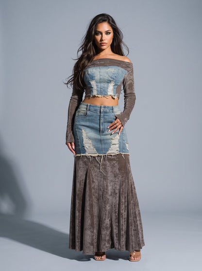 Velvet-denim Fusion Set view 10 - Mint Velvet Blue Denim 100 Cotton Midi Dress
