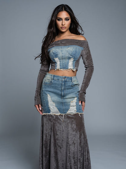 Velvet-denim Fusion Set view 11 - Mint Velvet Blue Denim 100 Cotton Midi Dress
