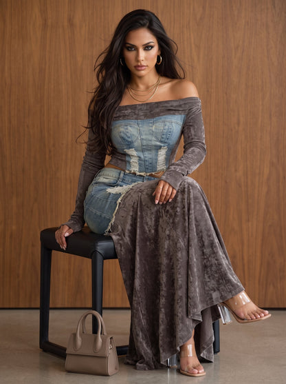 Velvet-denim Fusion Set view 19 - Mint Velvet Blue Denim 100 Cotton Midi Dress