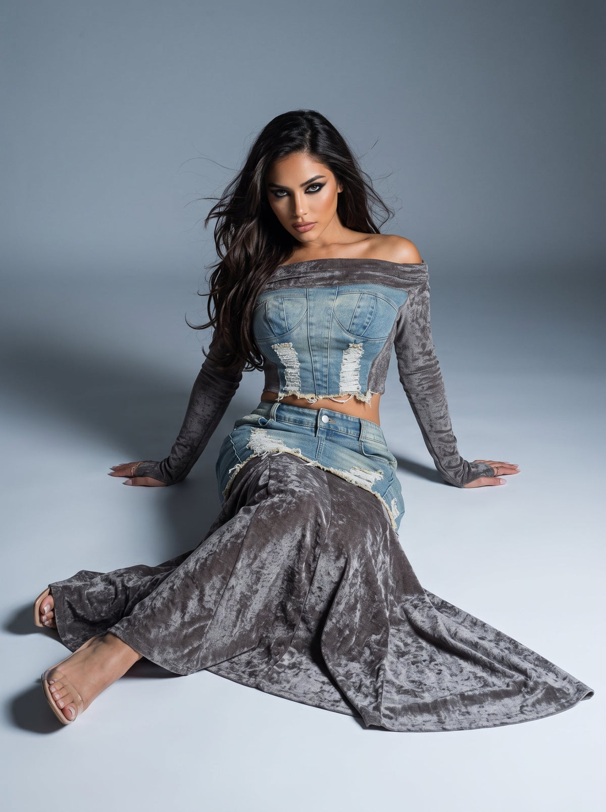 Velvet-denim Fusion Set view 20 - Mint Velvet Blue Denim 100 Cotton Midi Dress