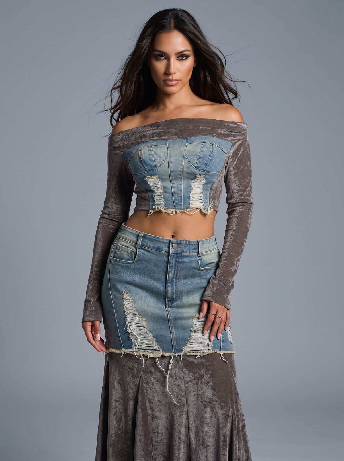 Velvet-denim Fusion Set view 8 - Mint Velvet Blue Denim 100 Cotton Midi Dress