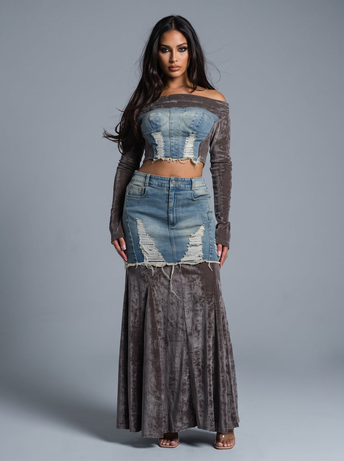 Velvet-denim Fusion Set view 9 - Mint Velvet Blue Denim 100 Cotton Midi Dress