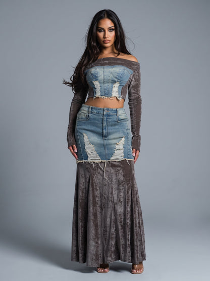 Velvet-denim Fusion Set view 9 - Mint Velvet Blue Denim 100 Cotton Midi Dress