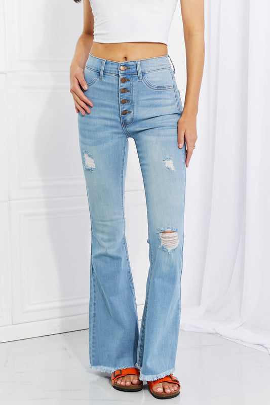 Vibrant Miu Full Size Jess Button Flare Jeans in Light - Vibrant Miu Jeans Size Chart (bottom)