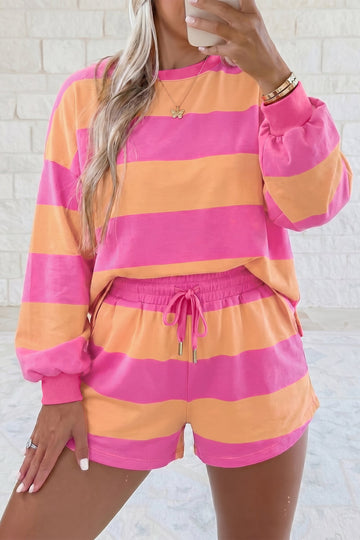 Victoria Drawstring Shorts 2pcs Set in Pink Stripe (bottom)