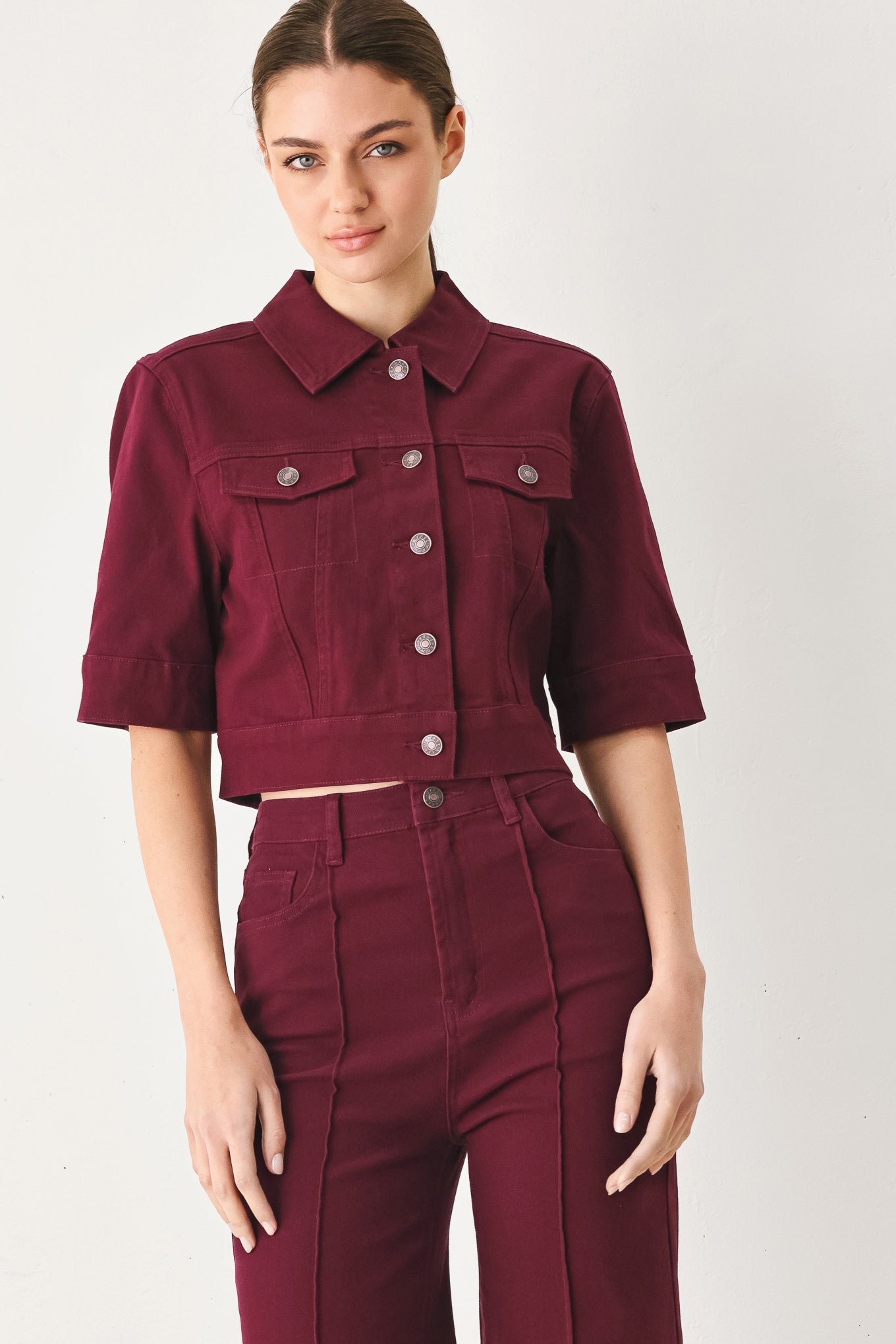 Vineyard Chic Twill Jacket in BURGUNDY (layer)