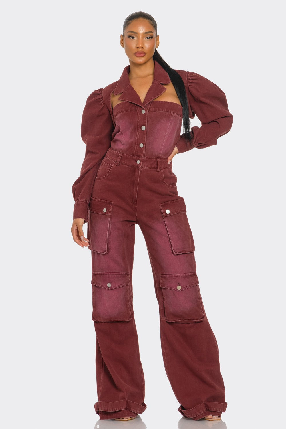 Vintage Inspired Utility Burgundy Jumpsuit in L view 3 - Vintage Style Jumpsuit (one-piece)