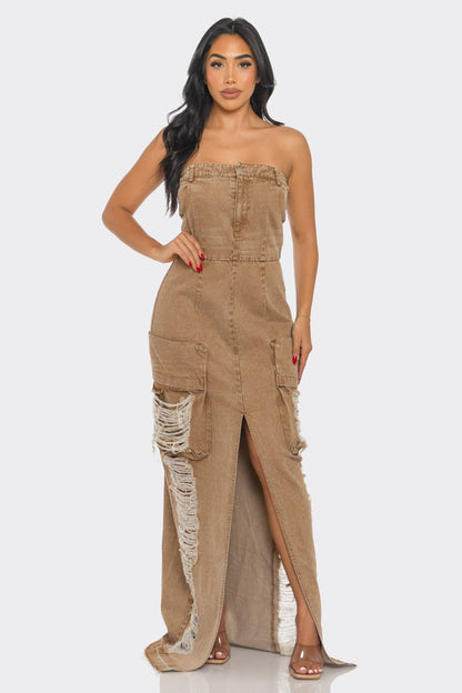Vintage Washed Distressed Cargo Maxi Dress - MeeeShop Women's Fashion