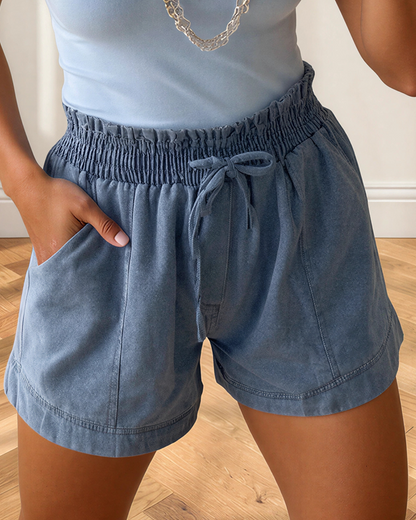 Violet Smocked Elastic Waist Denim Shorts in 4 - Comfort Stretch (bottom)