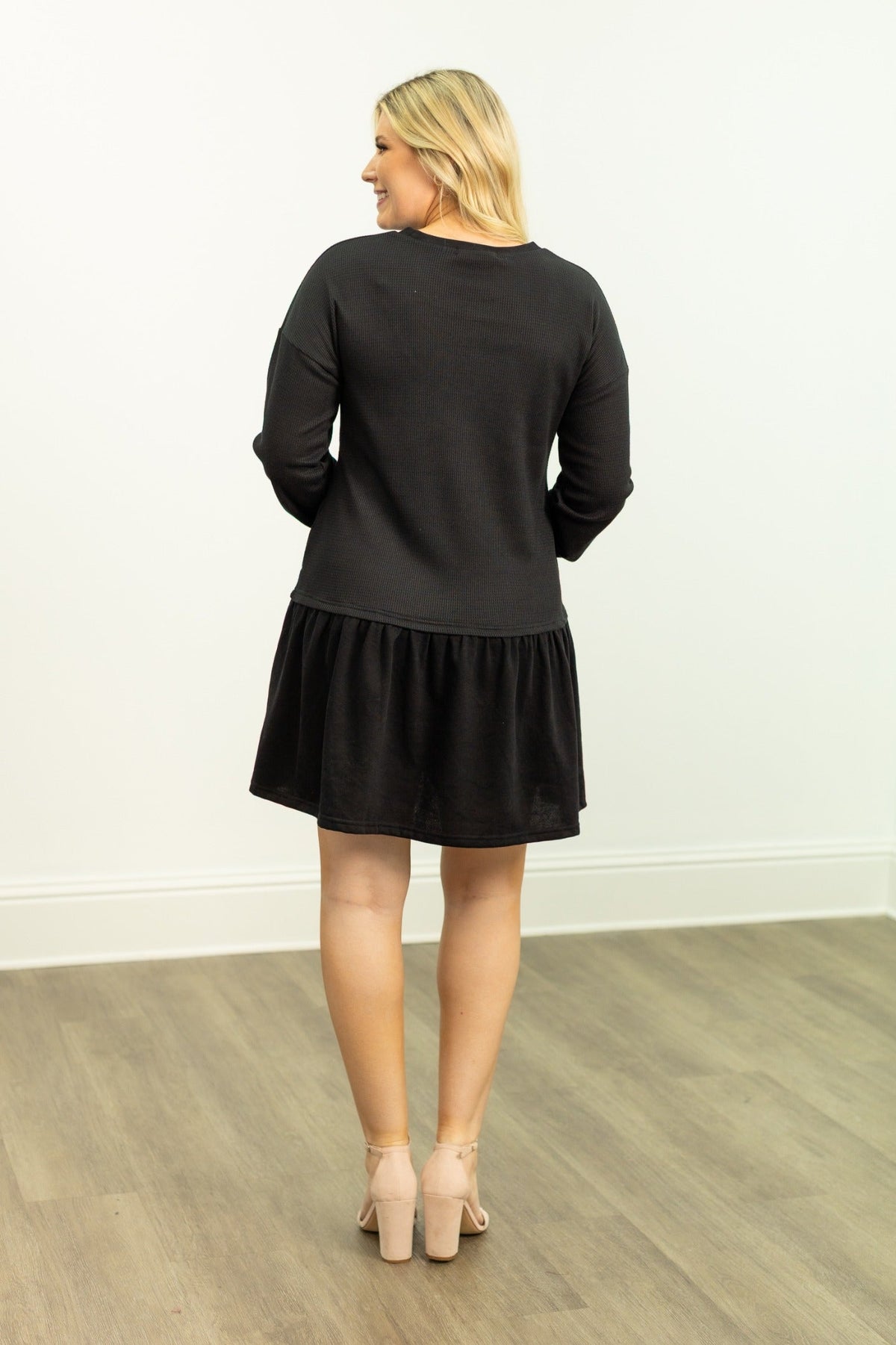 Waffle Knit Long-sleeve Dress, Black - MeeeShop Women's Fashion