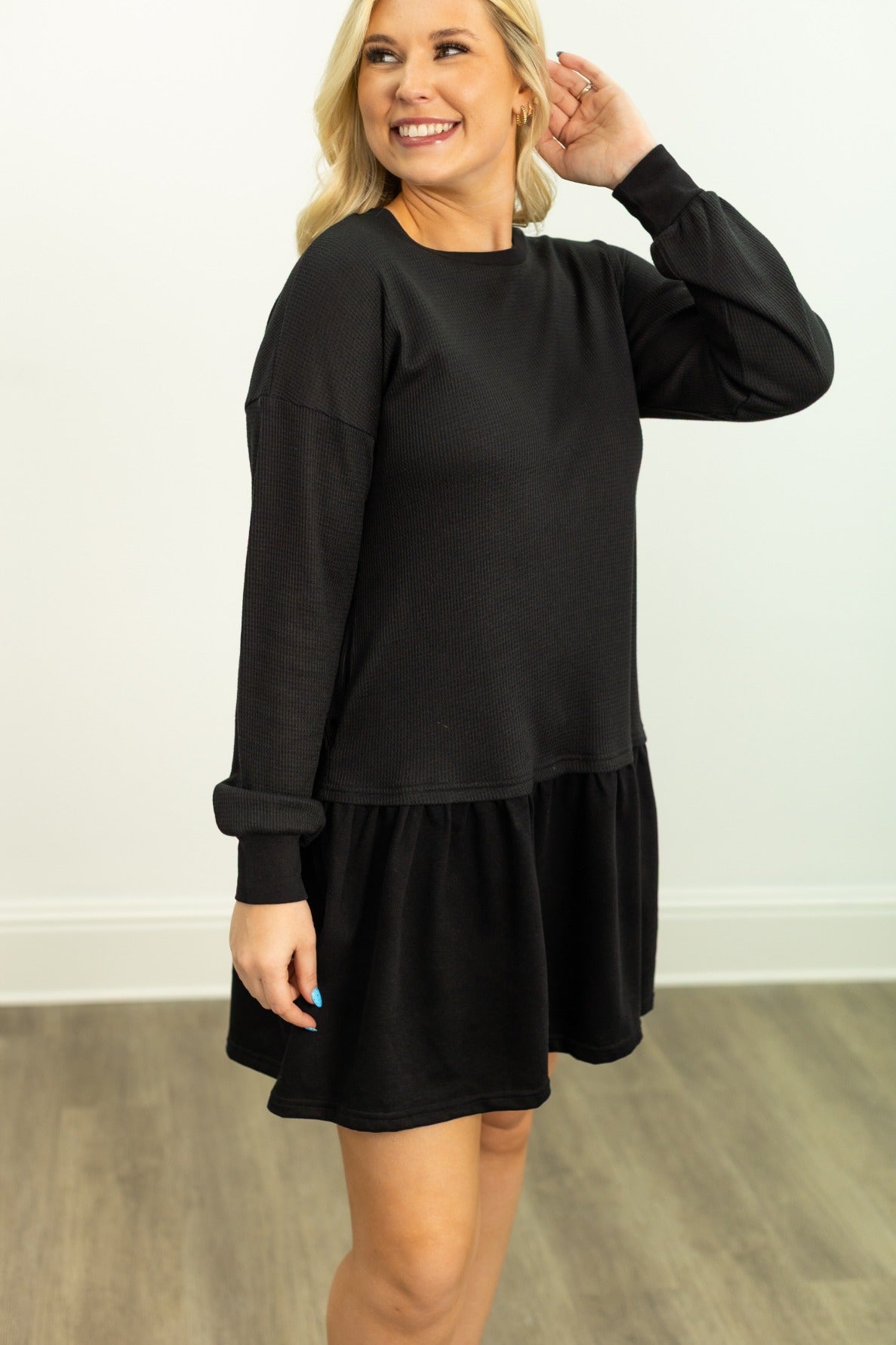 Waffle Knit Long-sleeve Dress, Black in Black view 3 - Fall Wardrobe Essential - Waffle Knit Dressing Gown