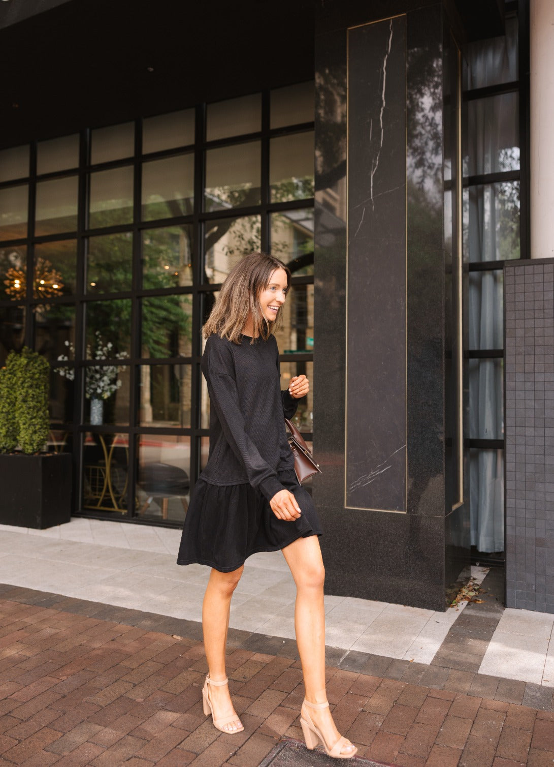 Waffle Knit Long-sleeve Dress, Black view 10 - Fall Wardrobe Essential - Waffle Knit Dressing Gown