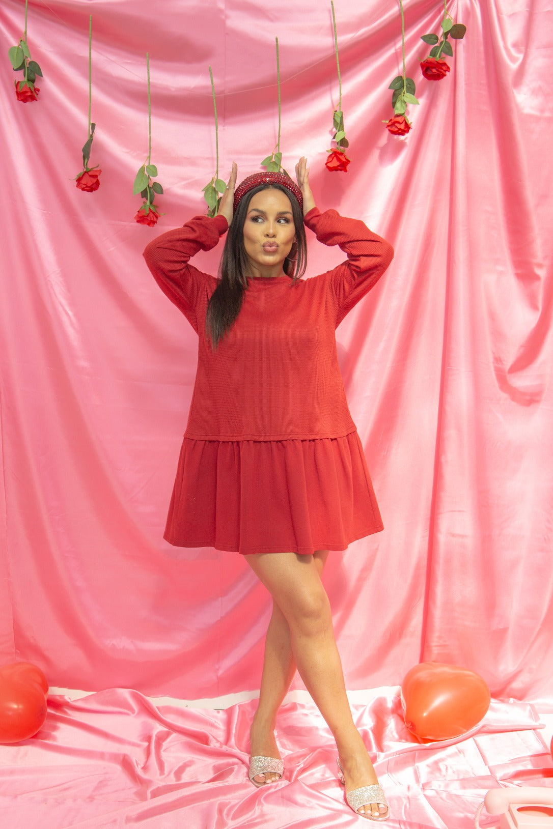 Waffle Knit Long-sleeve Dress, Red in Red - Fall Wardrobe Essential - Waffle Knit Dressing Gown