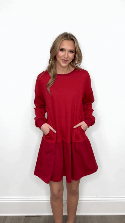 Waffle Knit Long-sleeve Dress, Red in Red view 3 - Fall Wardrobe Essential - Waffle Knit Dressing Gown