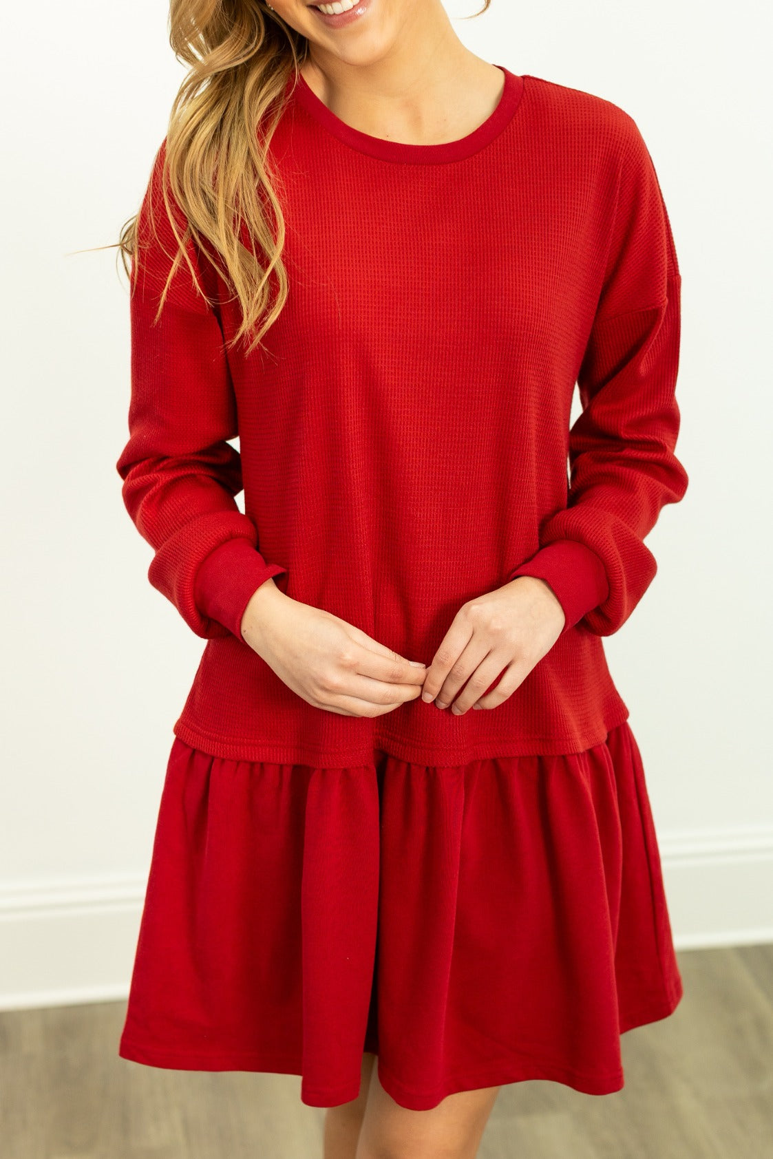 Waffle Knit Long-sleeve Dress, Red in Red view 4 - Fall Wardrobe Essential - Waffle Knit Dressing Gown
